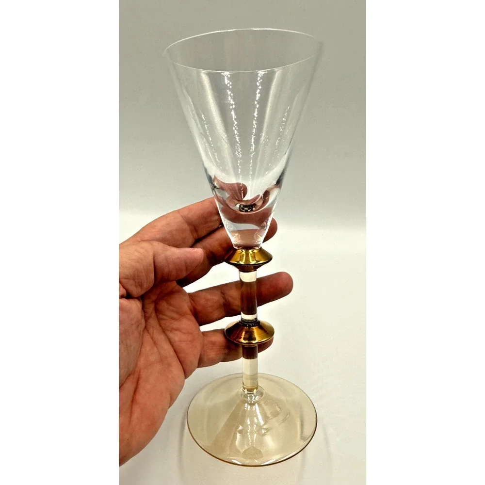 Pier 1 Champagne Flutes P1c71 Gold Disc Stem Iridescent Amber Base V Shaped Bowl